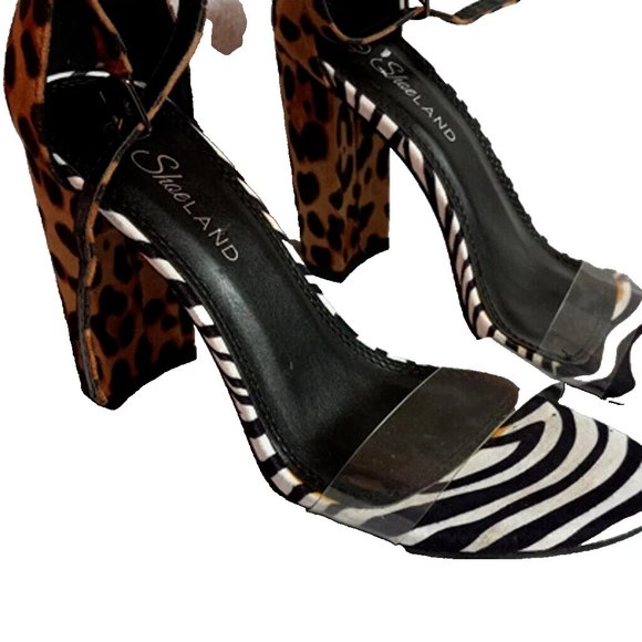 ShoeLAND womans animal Crisscross Strappy 3" Chunky Block Heels Sandals Size 7 - Picture 3 of 4